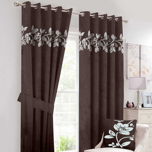 Luxury Floral Velvet Curtain - Dark Brown & Off White